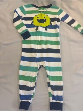 Striped Green, Blue & White Baby One-Piece with Monster Applique